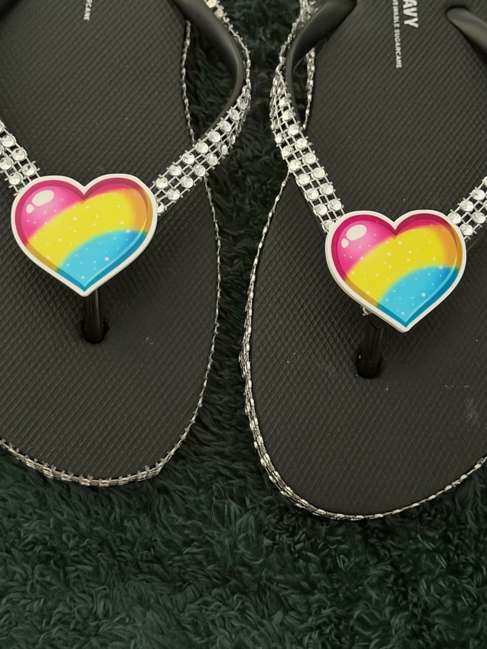 Black Rhinestone Heart-Accent Flip Flop Sandals - Rainbow Heart